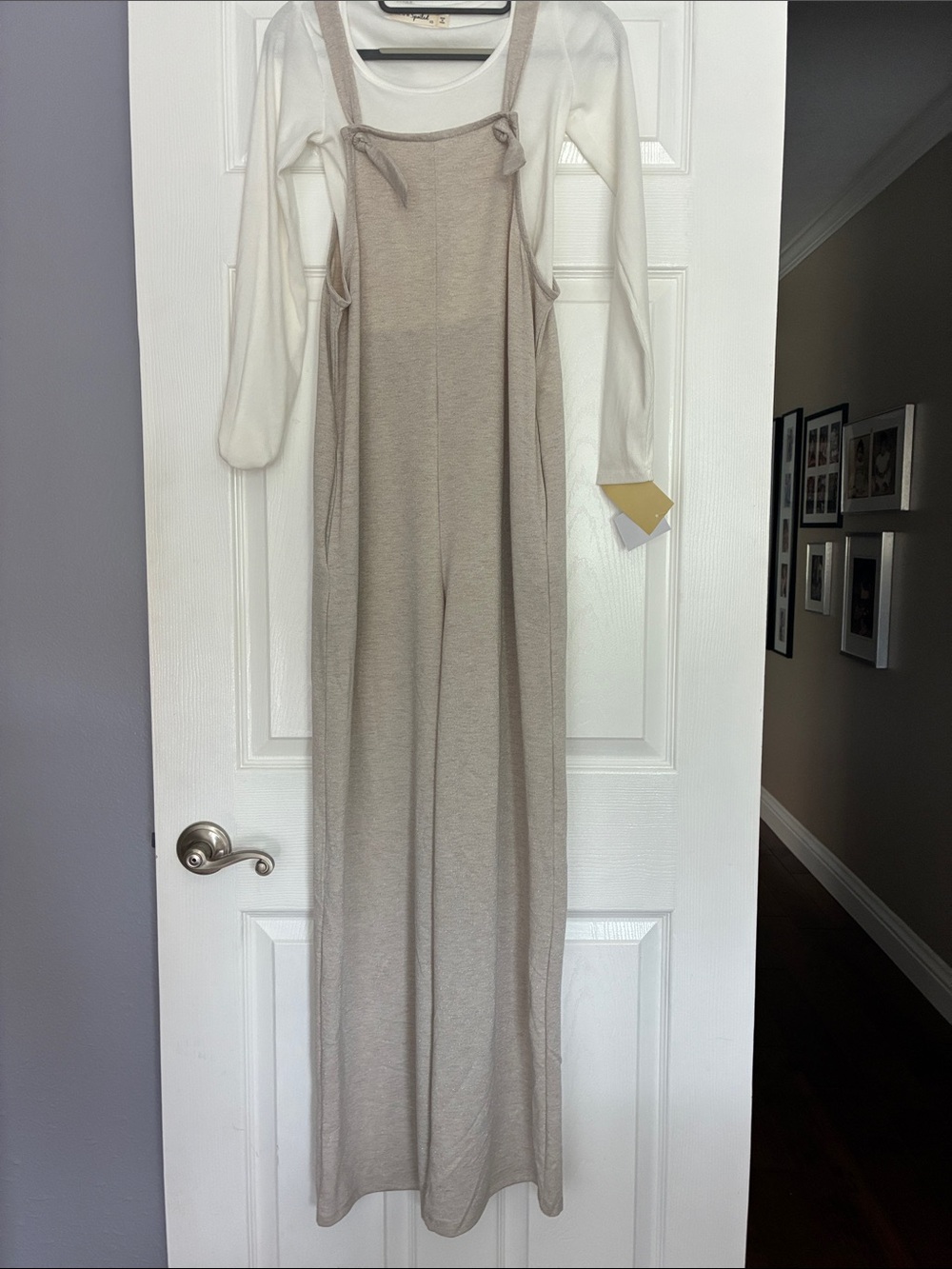 Neutral Beige Wide-Leg Knit romper Jumpsuit with Adjustable Straps